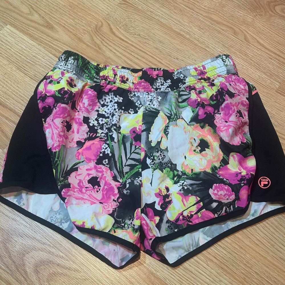 Fila Sport Womens Floral Running Shorts Black Pink Tropical Mesh Athletic Size M
